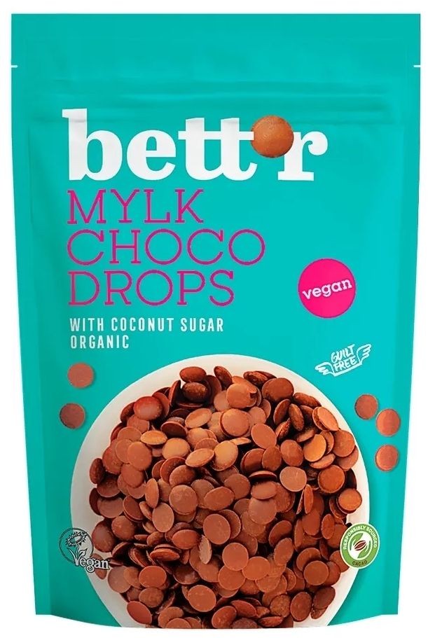 CHOCO DROPS   PICATURI  DE CIOCOLATA BIO         BETTR  200GR   CU ZAHAR DE COCOS   FARA LAPTE,FARA LACTOZA  VEGAN  PT PATISERIE,INGHETATA  ,GLAZURI 43%CACAO