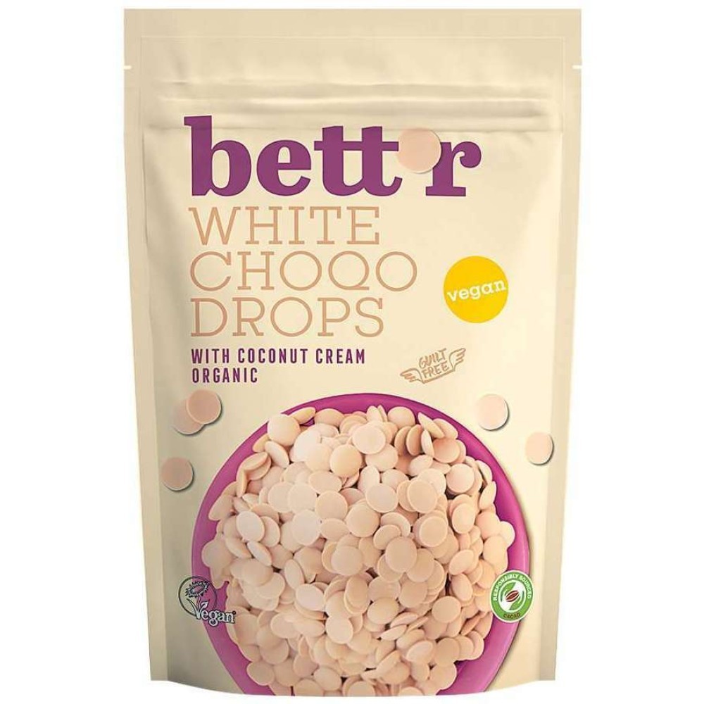 CHOCO DROPS WHITE  CIOCOLATA ALBA BIO 200GR BETTR  PICATURI DE CIOCOLATA ALBA VEGANA FARA LAPTE FARA LACTOZA FARA GLUTEN  SE POT FOLOSI SI IN PATISERIE (CREME,GLAZURI,INGHETATE)