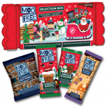 CUTIE FESTIVA CU CIOCOLATA  MOO FRE  80GR Contine Mos Craciun,o figurina de ciocolata cu tematica de Craciun,opunguta picaturi de ciocolata,o ciocolata caramel, FARA GLUTEN,FARA LAPTE,FARA LACTOZA,FARA SOIA,FARA OU,FARA NUCIFERE,FARA ARAHIDE,FARA URME DE 